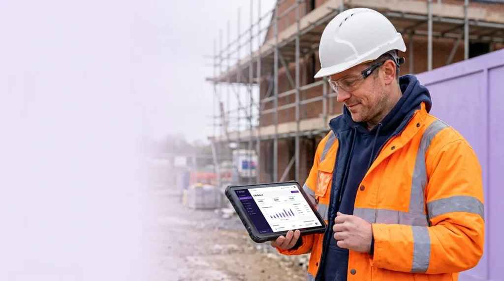 Construction subcontractor reviewing tax refund documents on a tablet at a building site