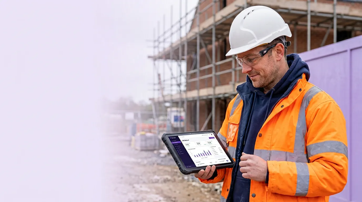 Construction subcontractor reviewing tax refund documents on a tablet at a building site