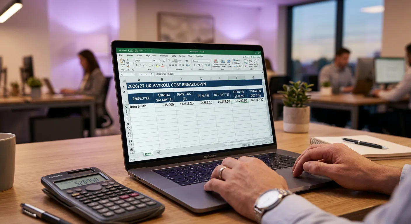 Close-up of a laptop screen showing a payroll cost breakdown for 2026/27