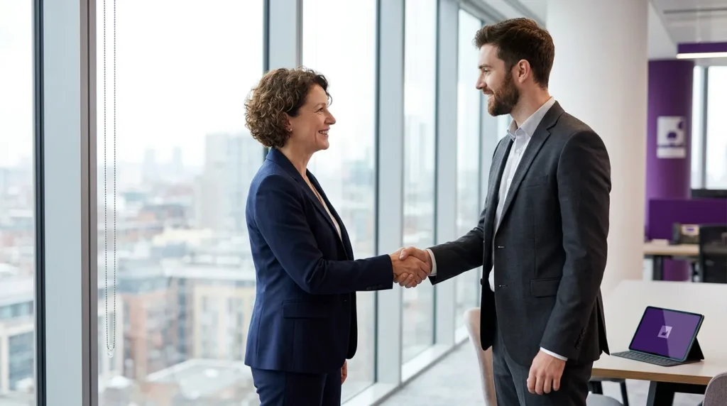 UK business owner welcoming a new employee into a modern London office setting