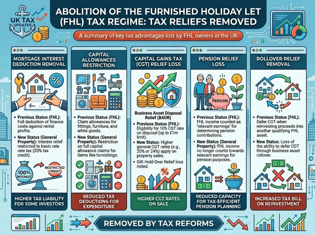 Infographic showing tax reliefs removed after FHL regime abolition in UK