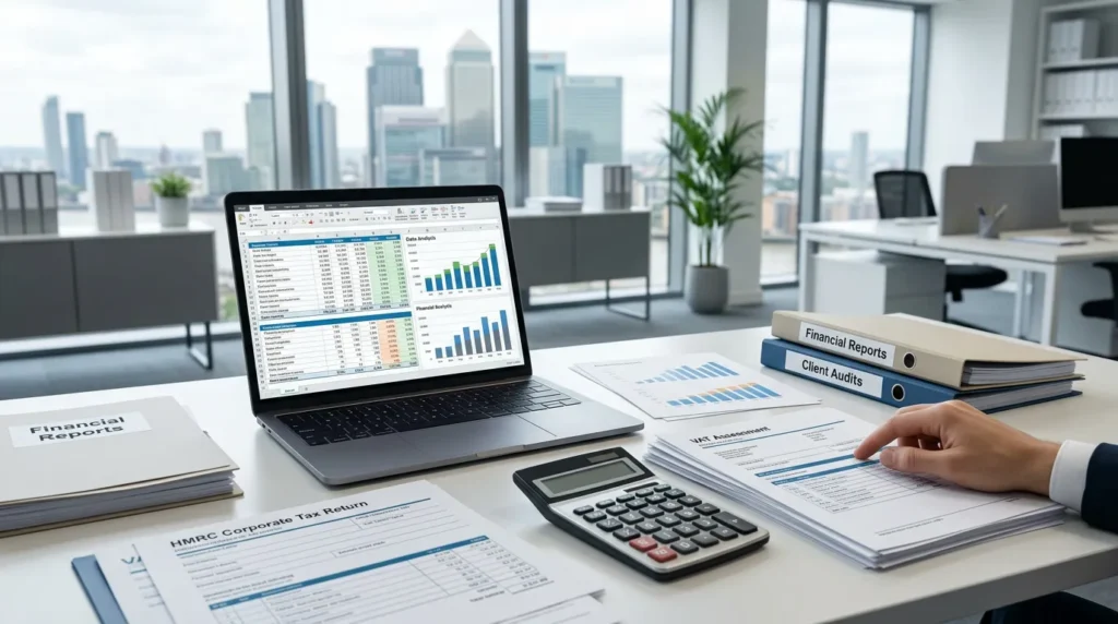 London accountant reviewing financial reports and tax documents in modern office