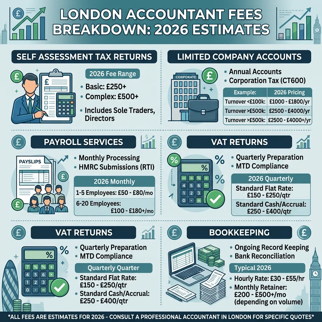 London accountant fees infographic showing self assessment company accounts payroll and VAT costs