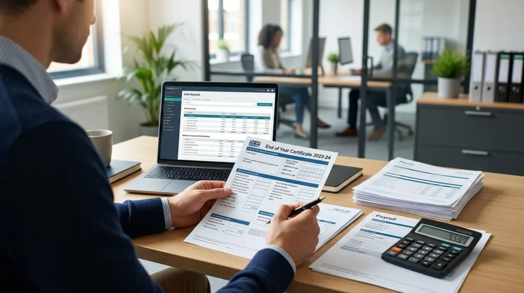 employee reviewing UK P60 tax document with payroll records and calculator