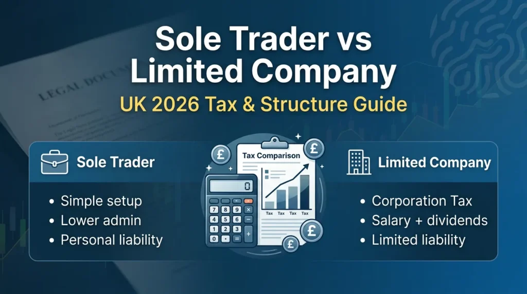 Sole trader vs limited company UK comparison infographic showing tax rates, liability, admin differences, and salary versus dividend structure for 2026.