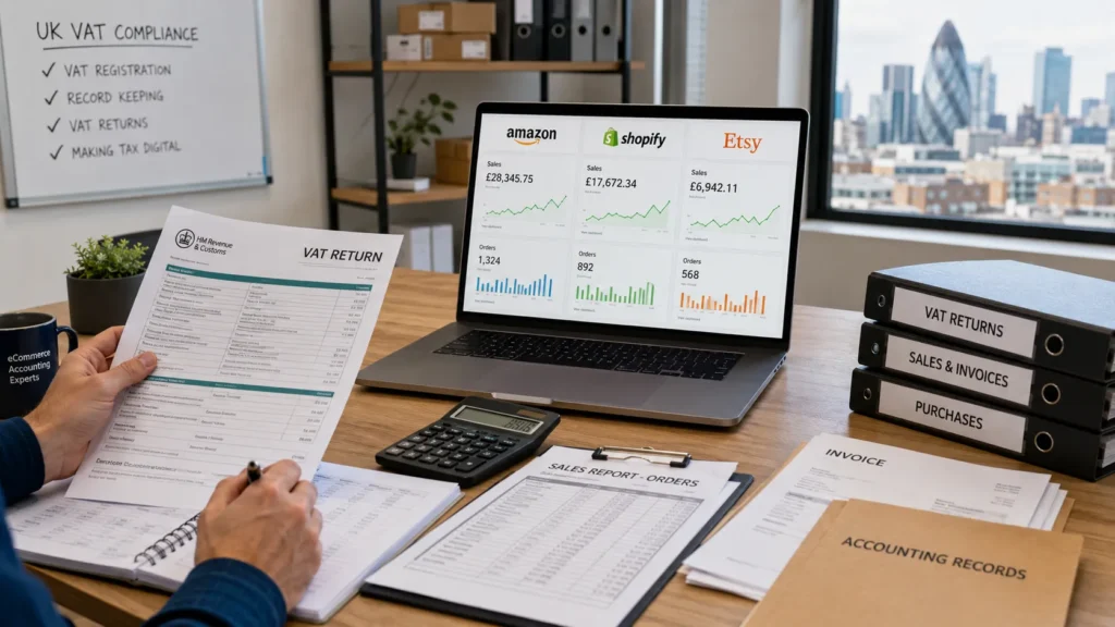 UK online seller reviewing VAT records for Amazon Shopify and Etsy sales